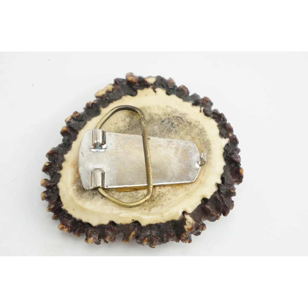Vintage Handmade Elk Antler Burr Belt Buckle Brown Carved Wolf Wildlife EUC